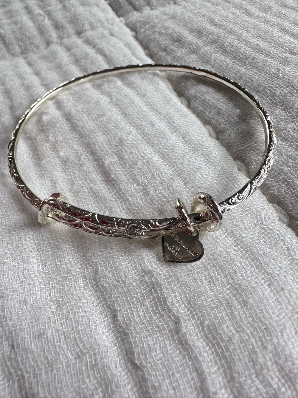 Alex and Ani Silver Engraved Heart Charm Bangle